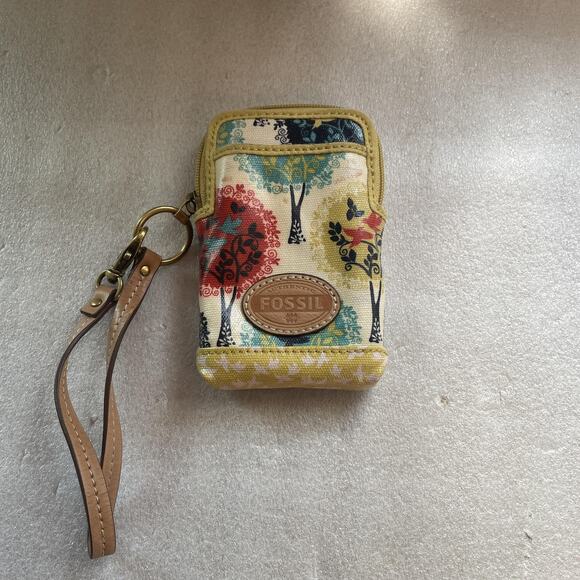 Fossil Wristlet Wallet Women Multicolor Tree Bird Print Coated Zip Case Pocket - Picture 1 of 8